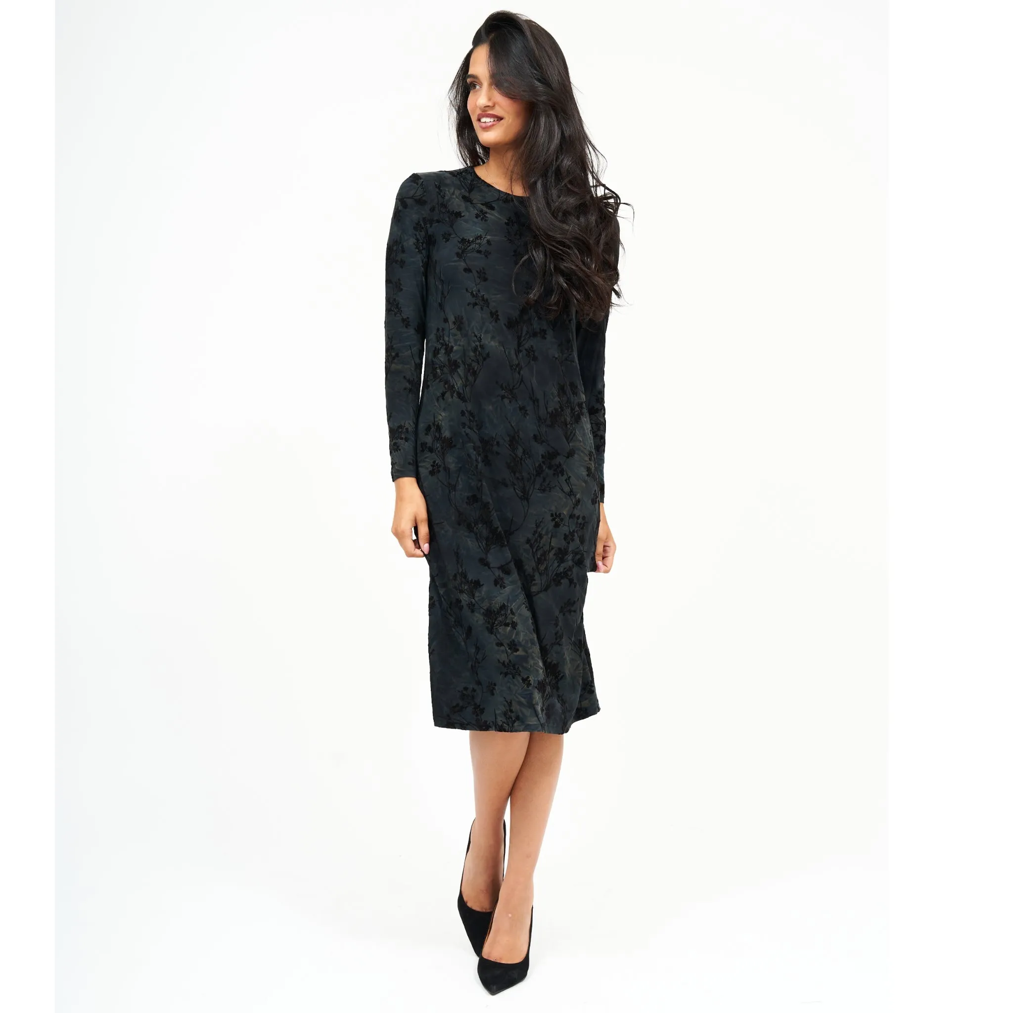 Grey Floral Velvet Loose Basic Dress by DF