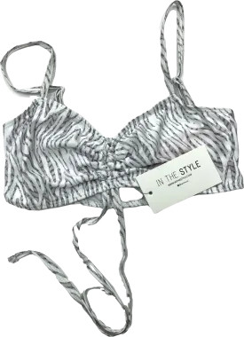 In The Style White Zebra Print Ruched Tie Bikini Top UK 8