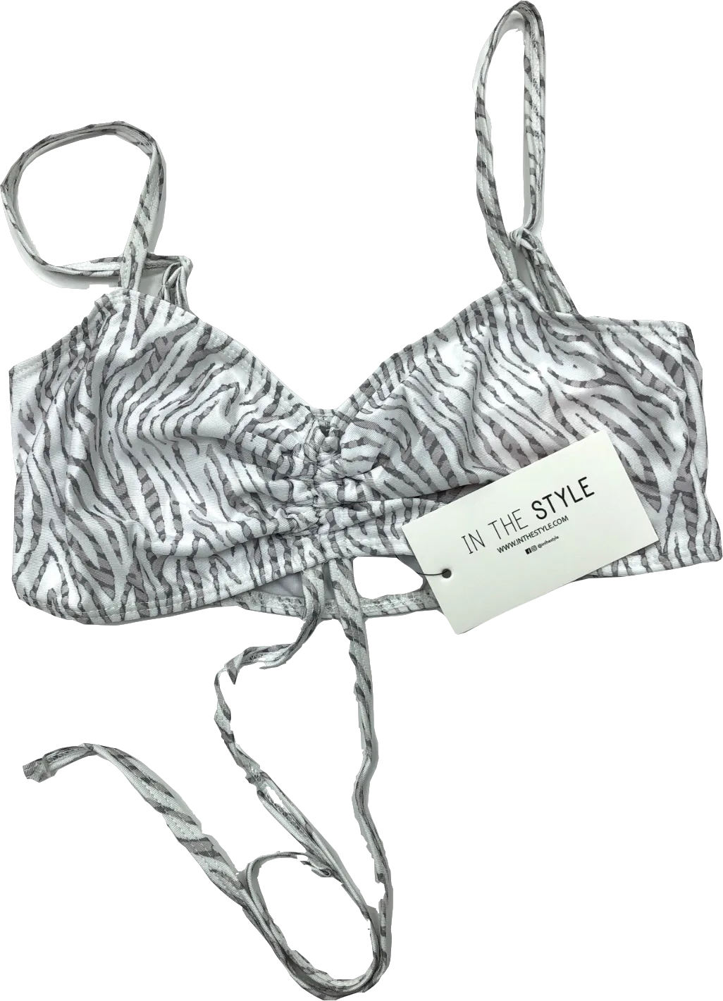 In The Style White Zebra Print Ruched Tie Bikini Top UK 8