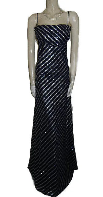 *KARINA NITES SPARKLING METALLIC SILVER & NAVY BIAS-CUT EVENING GOWN - LARGE SIZE