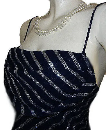*KARINA NITES SPARKLING METALLIC SILVER & NAVY BIAS-CUT EVENING GOWN - LARGE SIZE