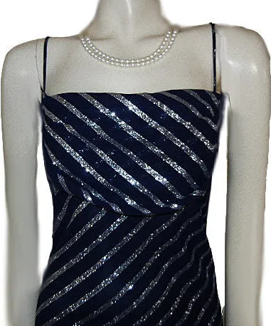 *KARINA NITES SPARKLING METALLIC SILVER & NAVY BIAS-CUT EVENING GOWN - LARGE SIZE