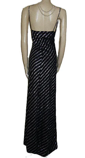 *KARINA NITES SPARKLING METALLIC SILVER & NAVY BIAS-CUT EVENING GOWN - LARGE SIZE