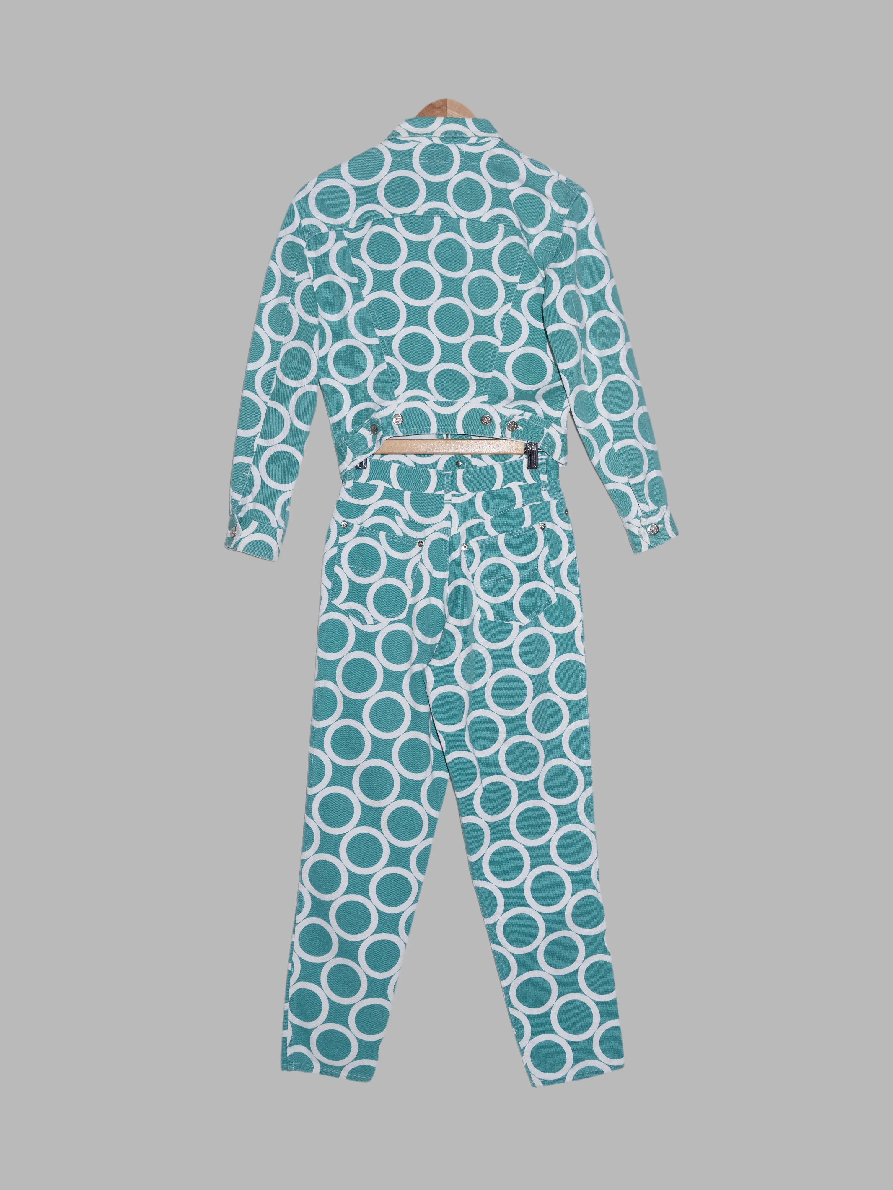 Katharine Hamnett Denim 1990s circle print denim jacket and jeans suit - S M
