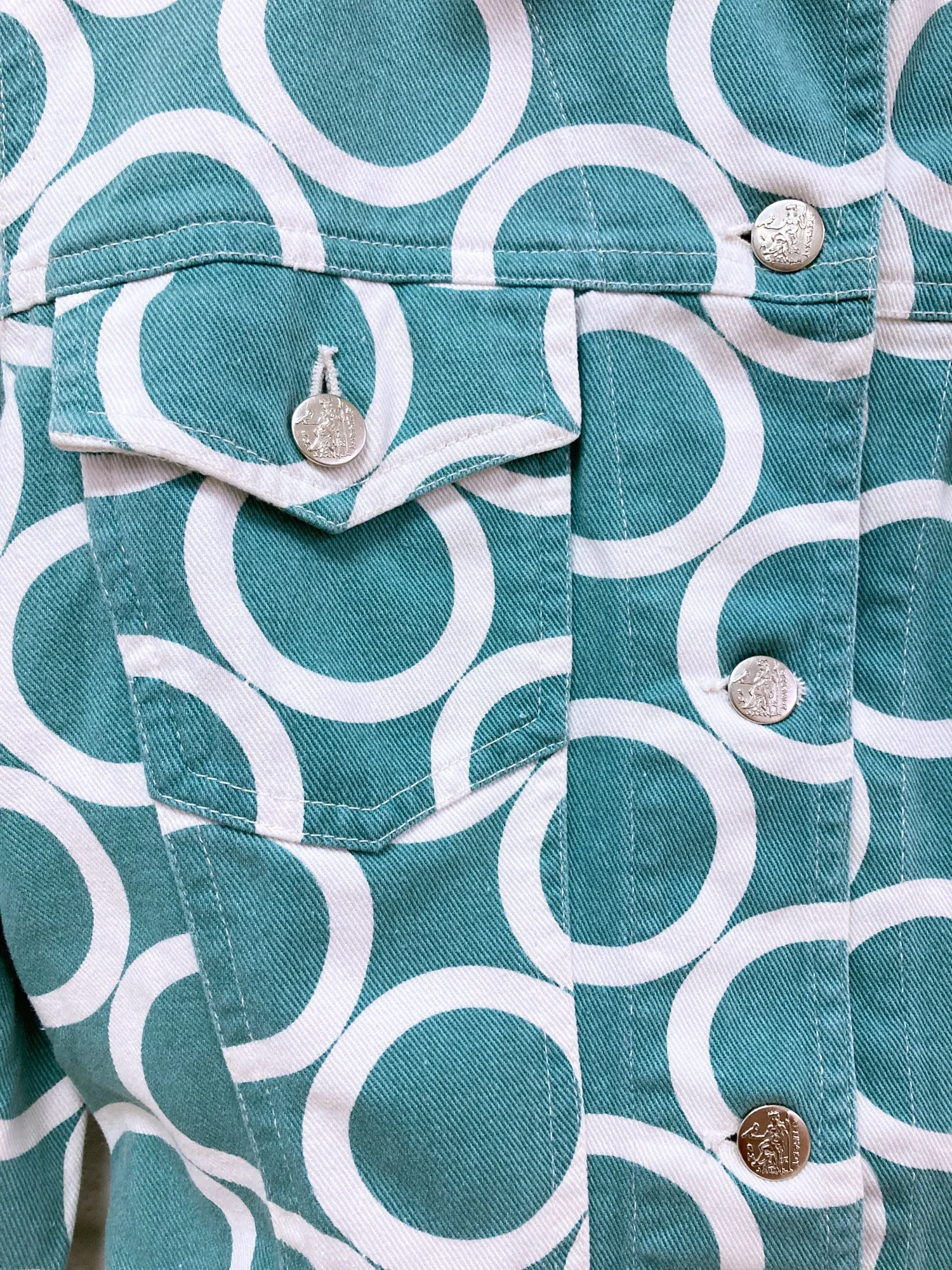 Katharine Hamnett Denim 1990s circle print denim jacket and jeans suit - S M