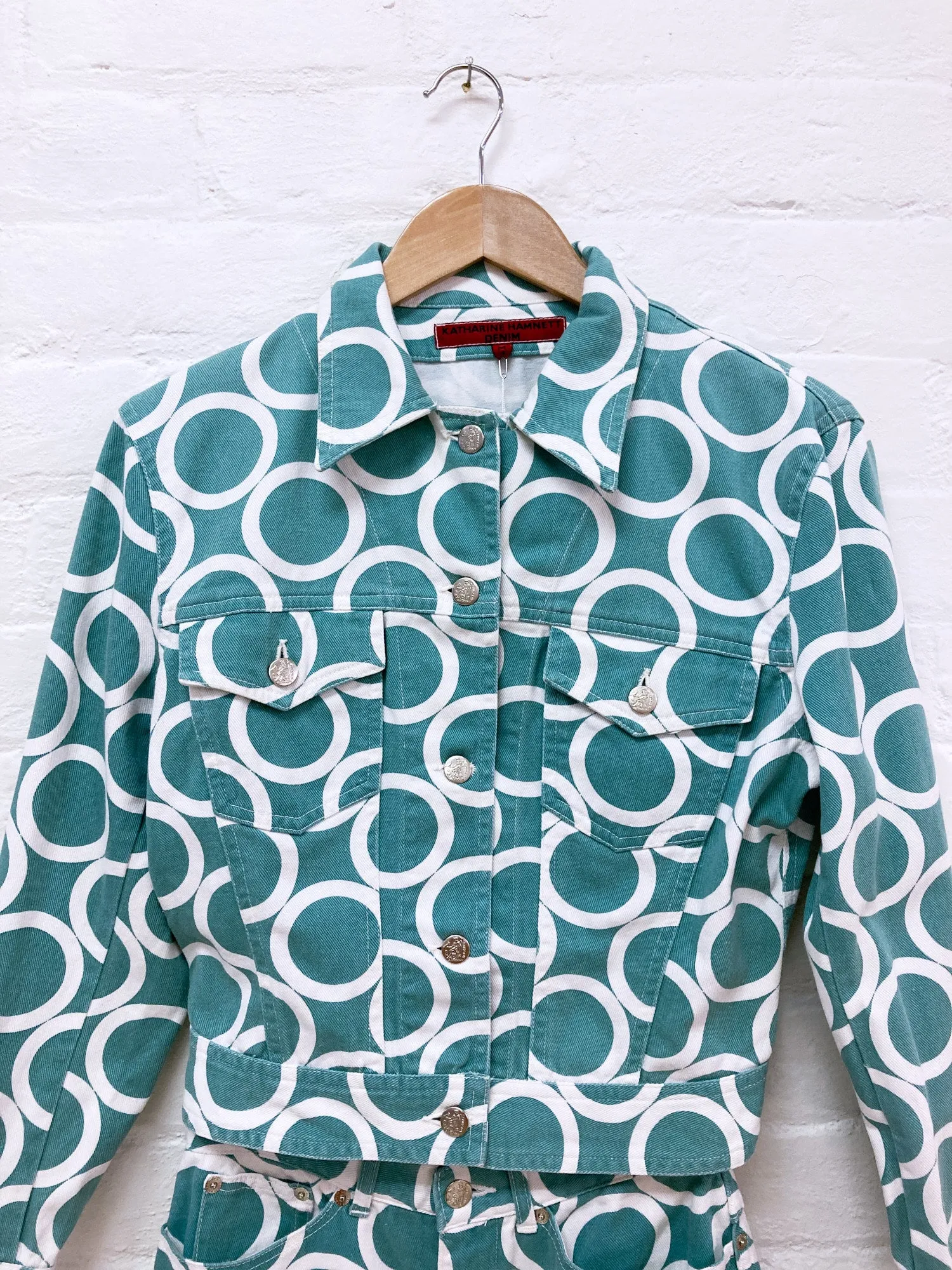 Katharine Hamnett Denim 1990s circle print denim jacket and jeans suit - S M