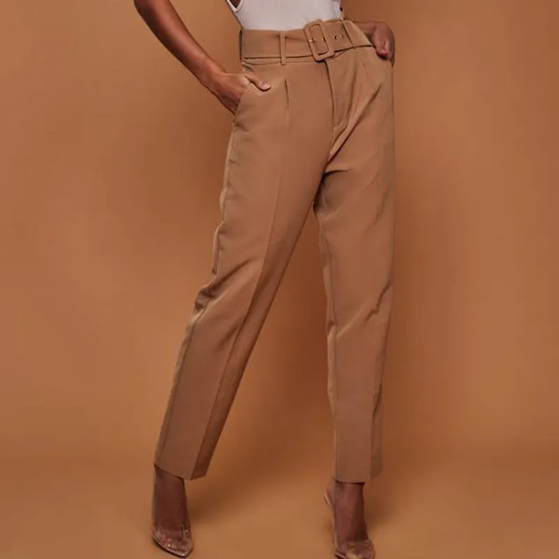 Ladies High Waist Belted Straight Leg Slacks Trousers
