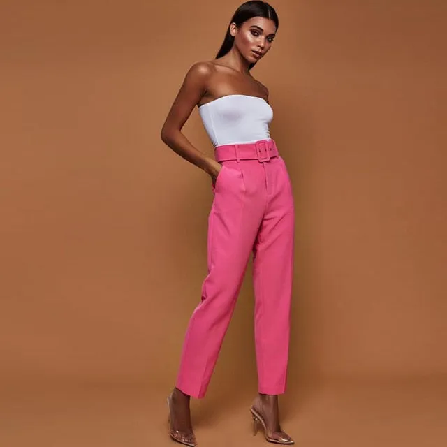 Ladies High Waist Belted Straight Leg Slacks Trousers