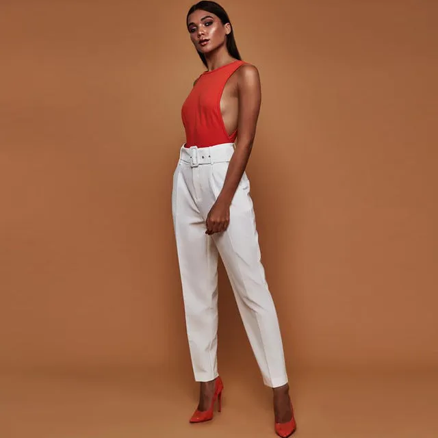 Ladies High Waist Belted Straight Leg Slacks Trousers