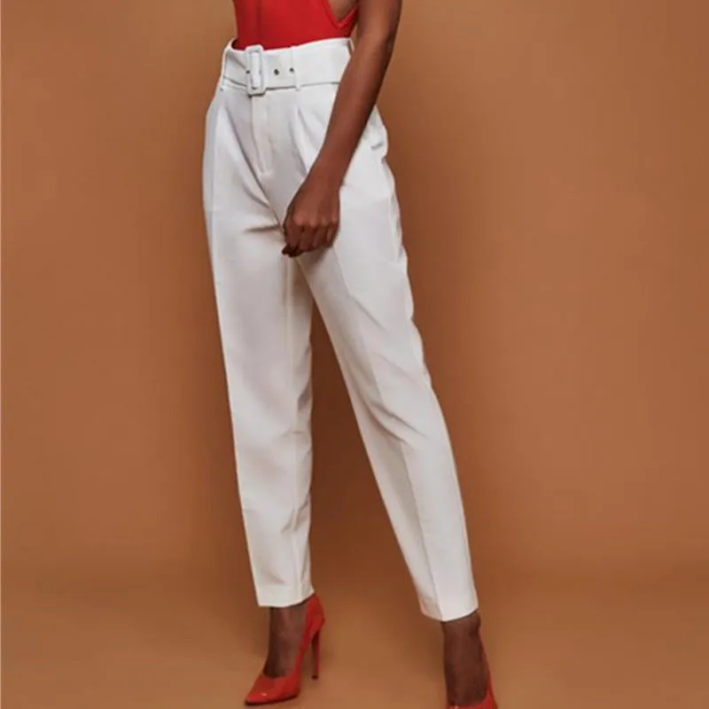 Ladies High Waist Belted Straight Leg Slacks Trousers