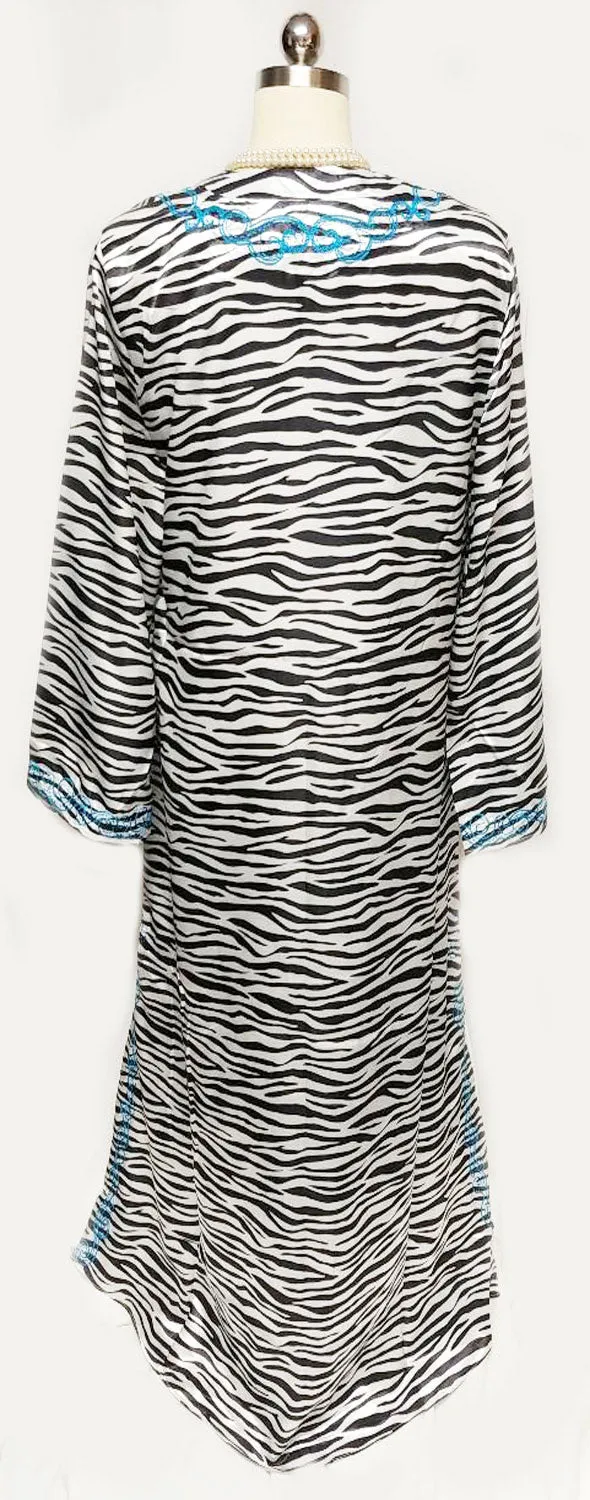 *NEW - NEVER WORN - DRAMATIC IMAN BLACK & WHITE ZEBRA WITH TURQUOISE EMBROIDERY DRESSING GOWN /AT HOME LOUNGER/ CAFTAN / POOL DRESS / EVENING GOWN