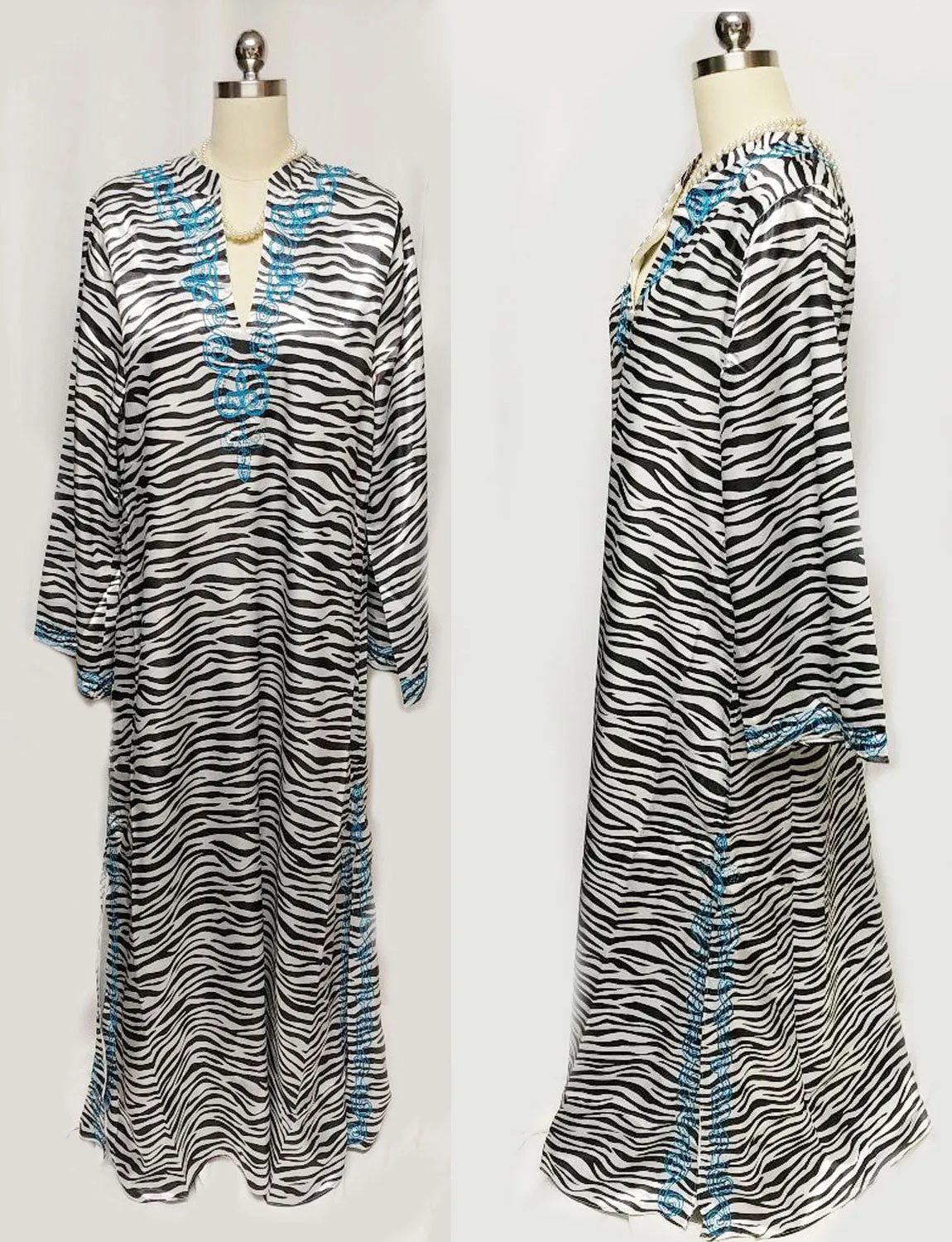 *NEW - NEVER WORN - DRAMATIC IMAN BLACK & WHITE ZEBRA WITH TURQUOISE EMBROIDERY DRESSING GOWN /AT HOME LOUNGER/ CAFTAN / POOL DRESS / EVENING GOWN