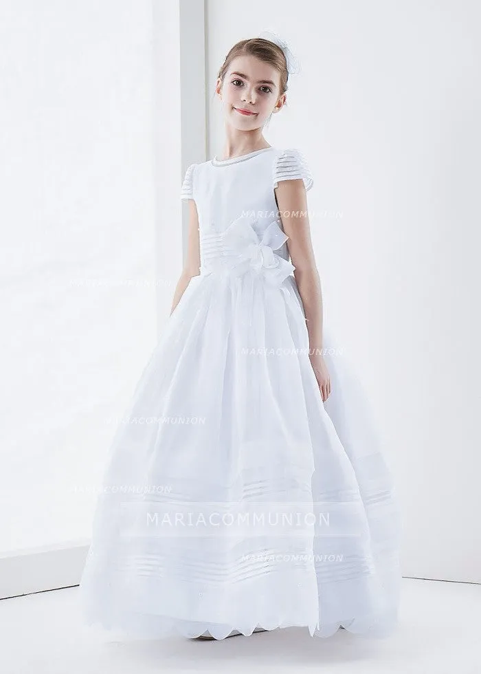 Organza Short Sleeve Ball Gown Floral Hemline Long First Communion Dress With Beading