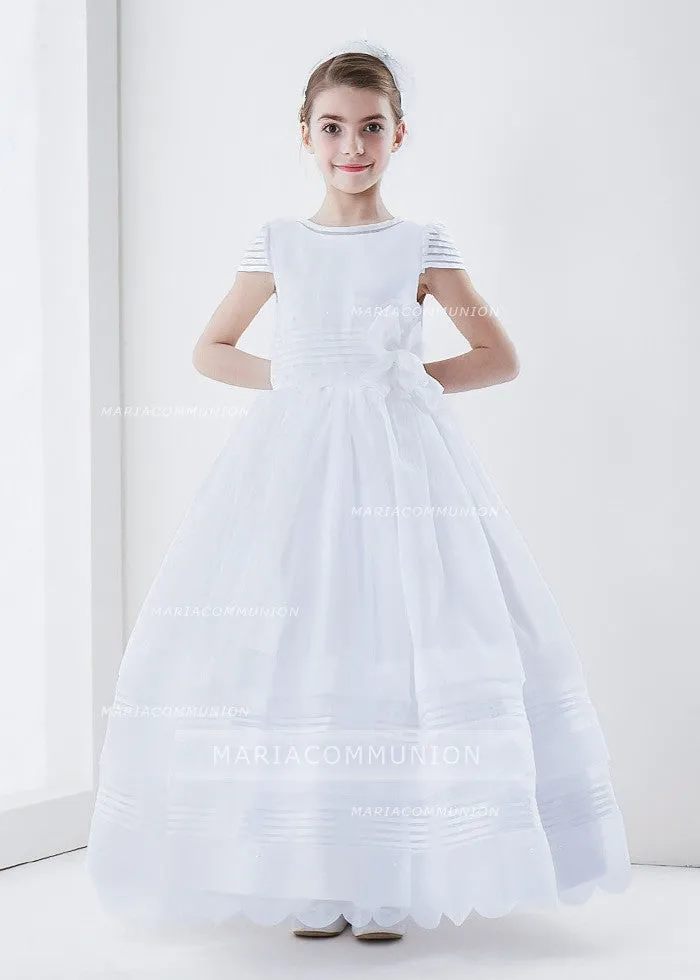 Organza Short Sleeve Ball Gown Floral Hemline Long First Communion Dress With Beading