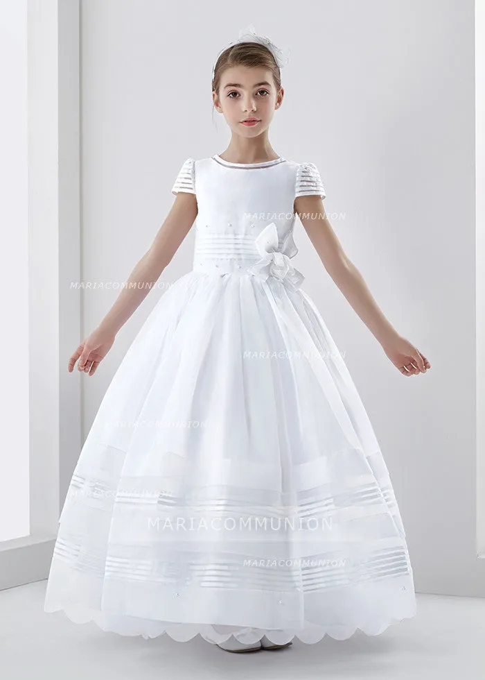 Organza Short Sleeve Ball Gown Floral Hemline Long First Communion Dress With Beading