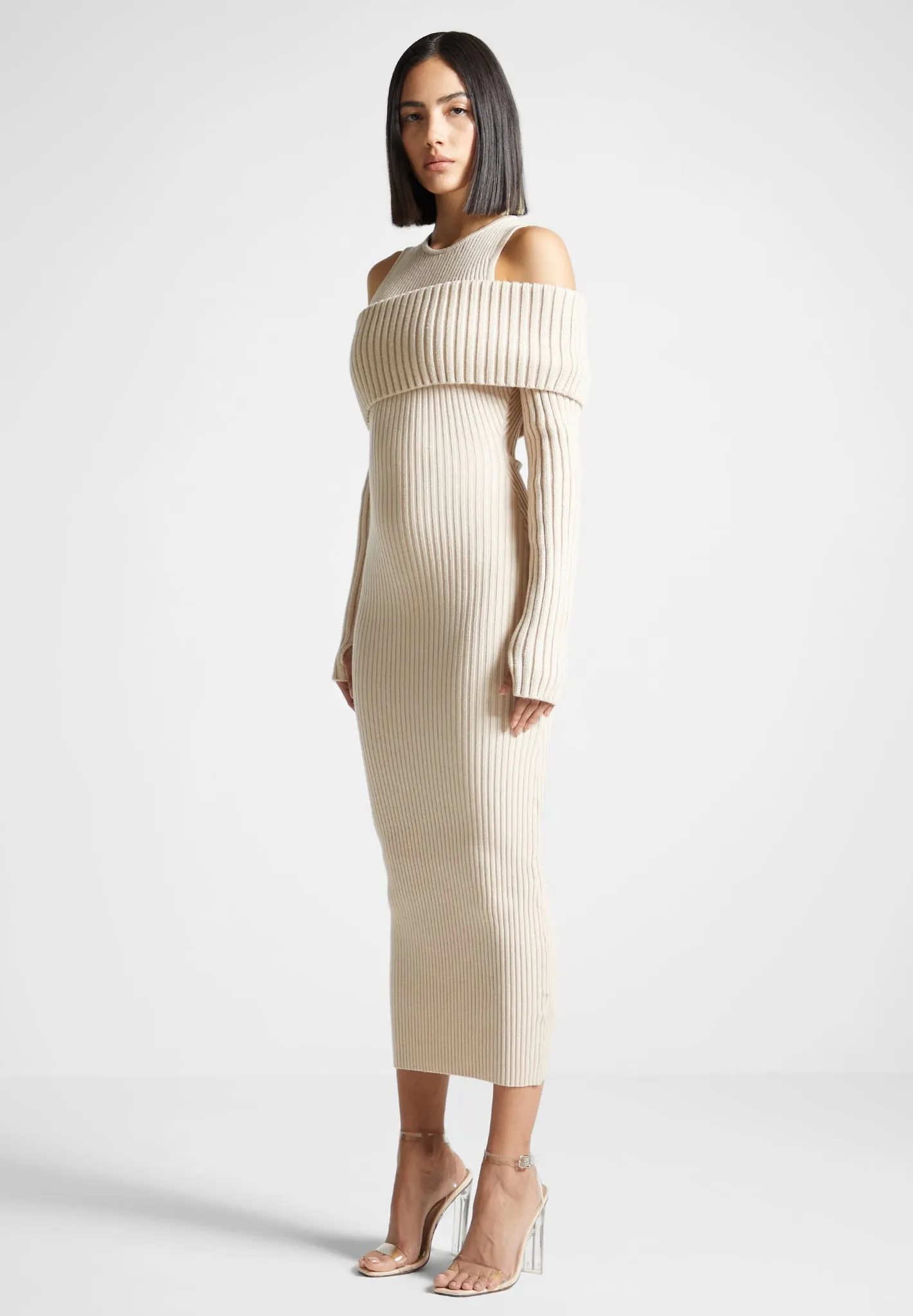 Overlay Knitted Midaxi Dress - Beige