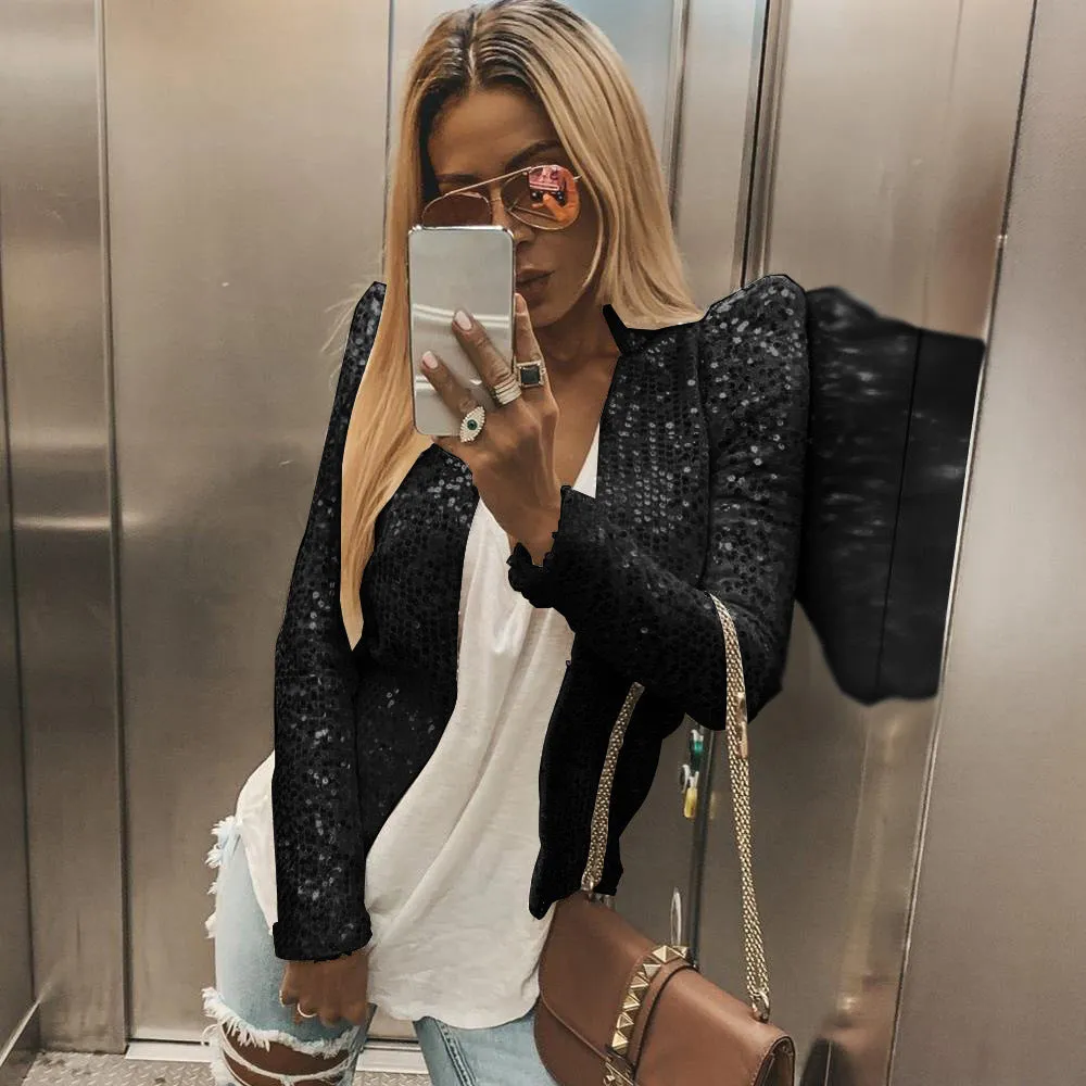 Shiny Sequin Long Sleeve Cropped Blazer