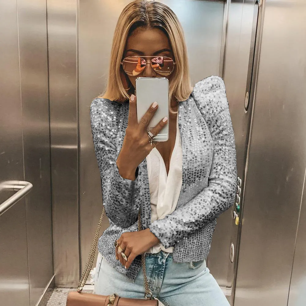 Shiny Sequin Long Sleeve Cropped Blazer