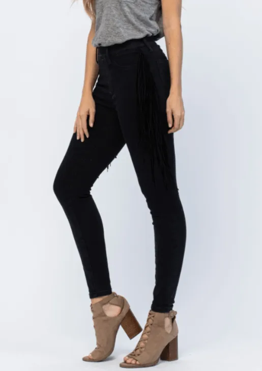 Skinny Jegging in Black with Fringe by Judy Blue