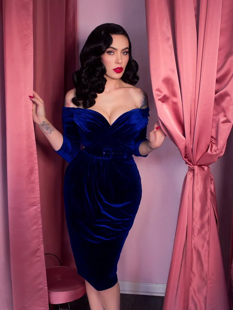 Starlet Wiggle Dress in Blue Velvet - Vixen by Micheline Pitt