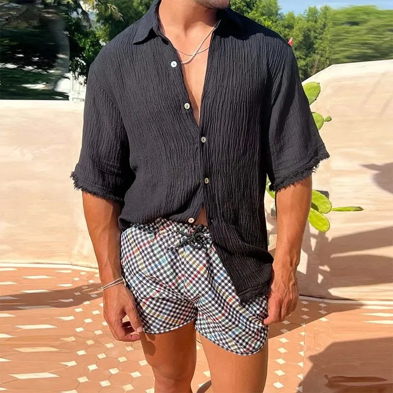 Summer Comfort: Libero Men's Loose Short Sleeve Cotton Linen Shirt with Vintage Pleats and Buttoned Turn-down Collar