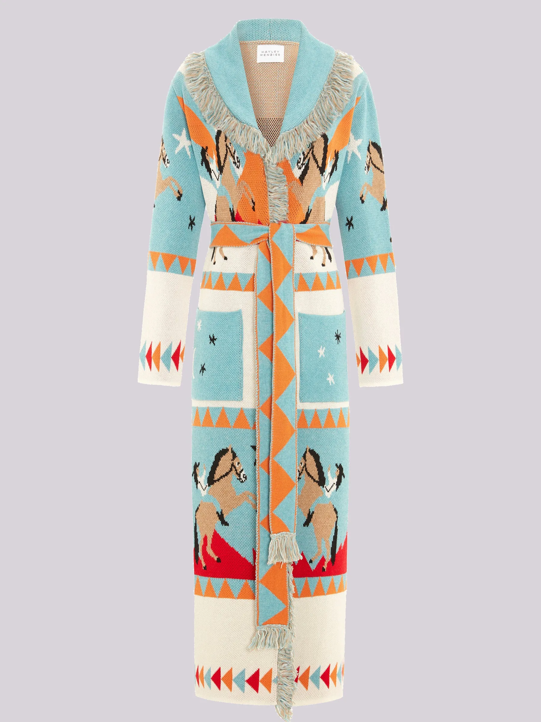 Sunrise Rodeo Merino Jacquard Long Cardigan Turquoise/White