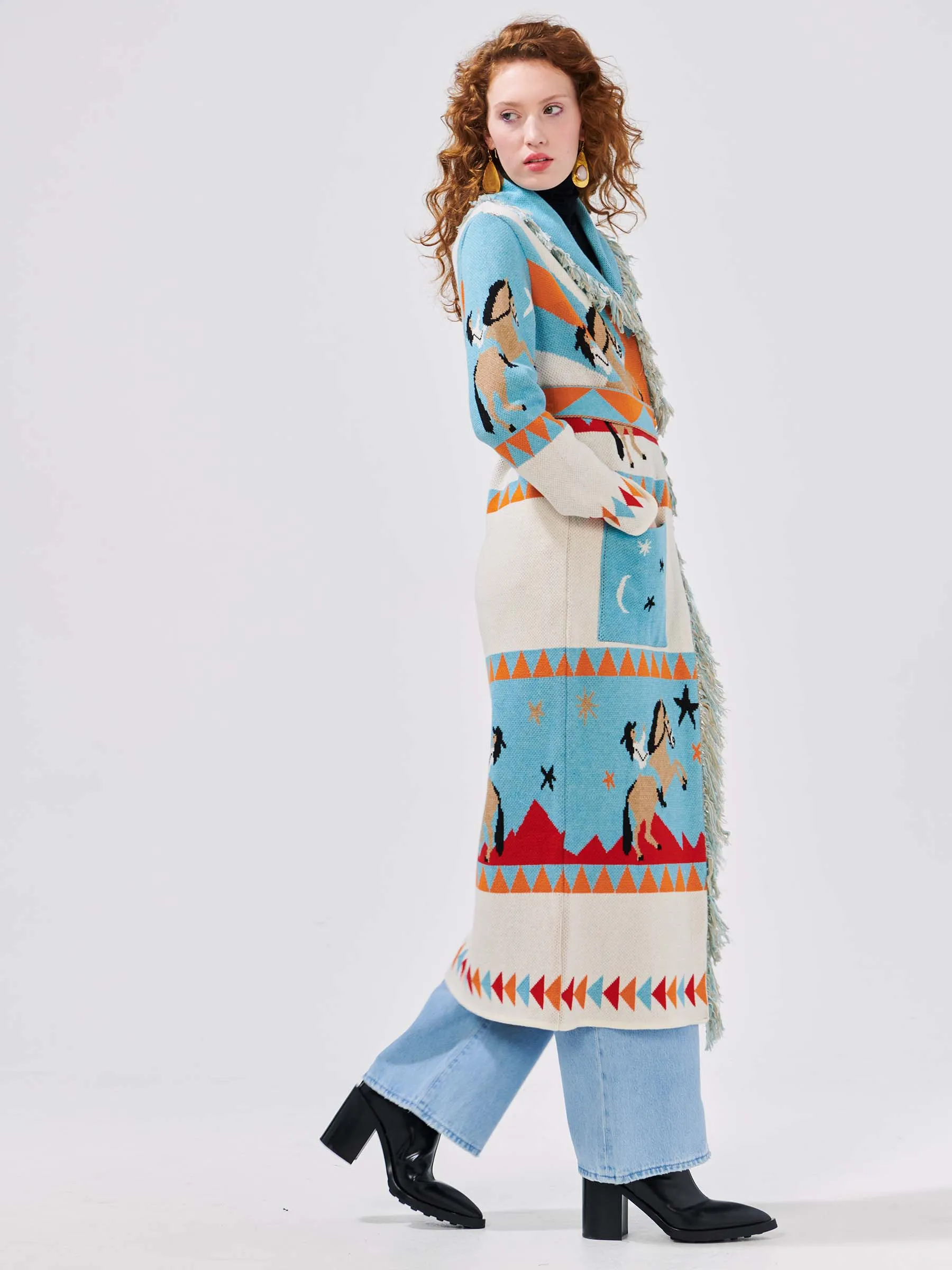 Sunrise Rodeo Merino Jacquard Long Cardigan Turquoise/White