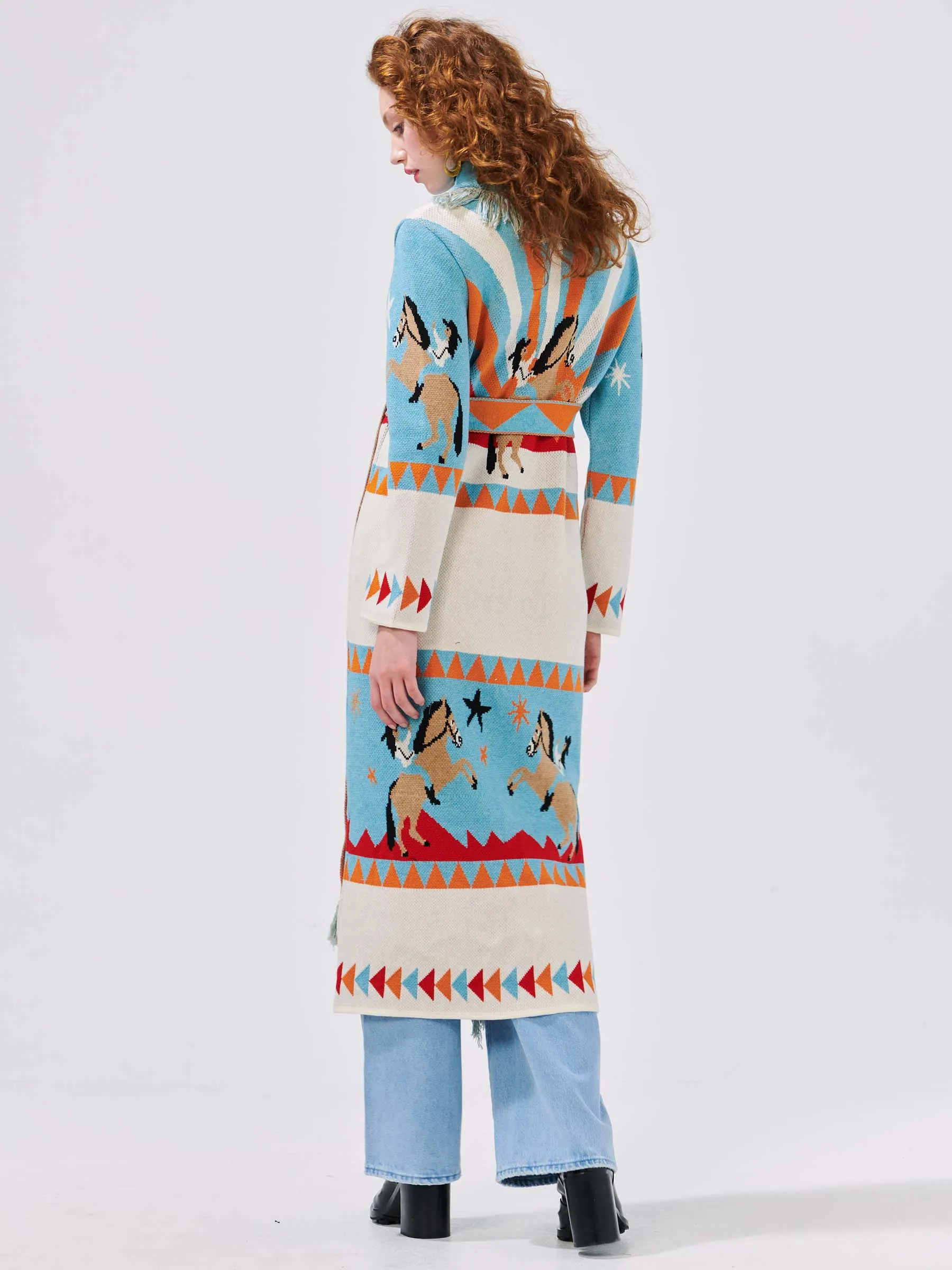Sunrise Rodeo Merino Jacquard Long Cardigan Turquoise/White