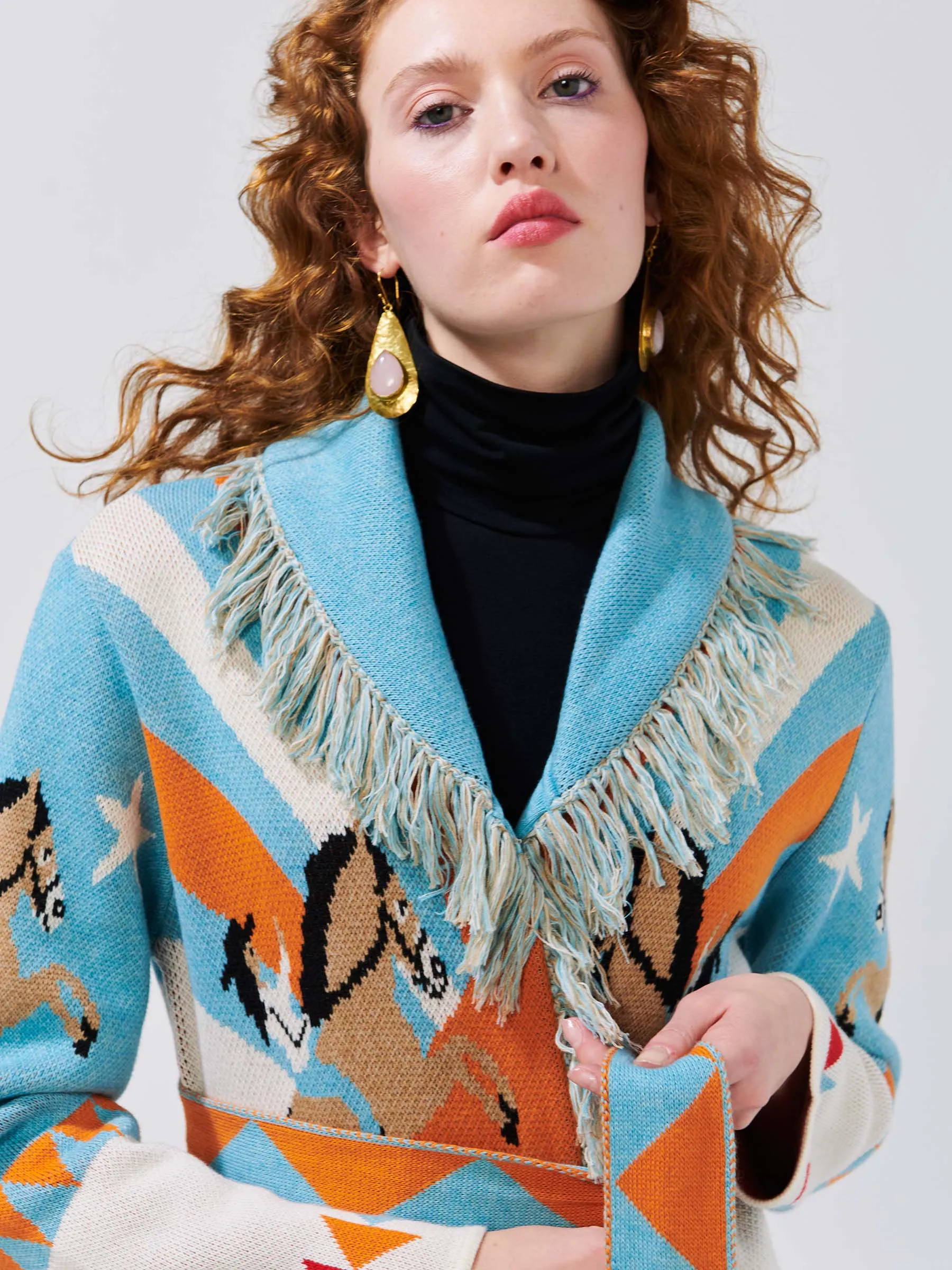 Sunrise Rodeo Merino Jacquard Long Cardigan Turquoise/White