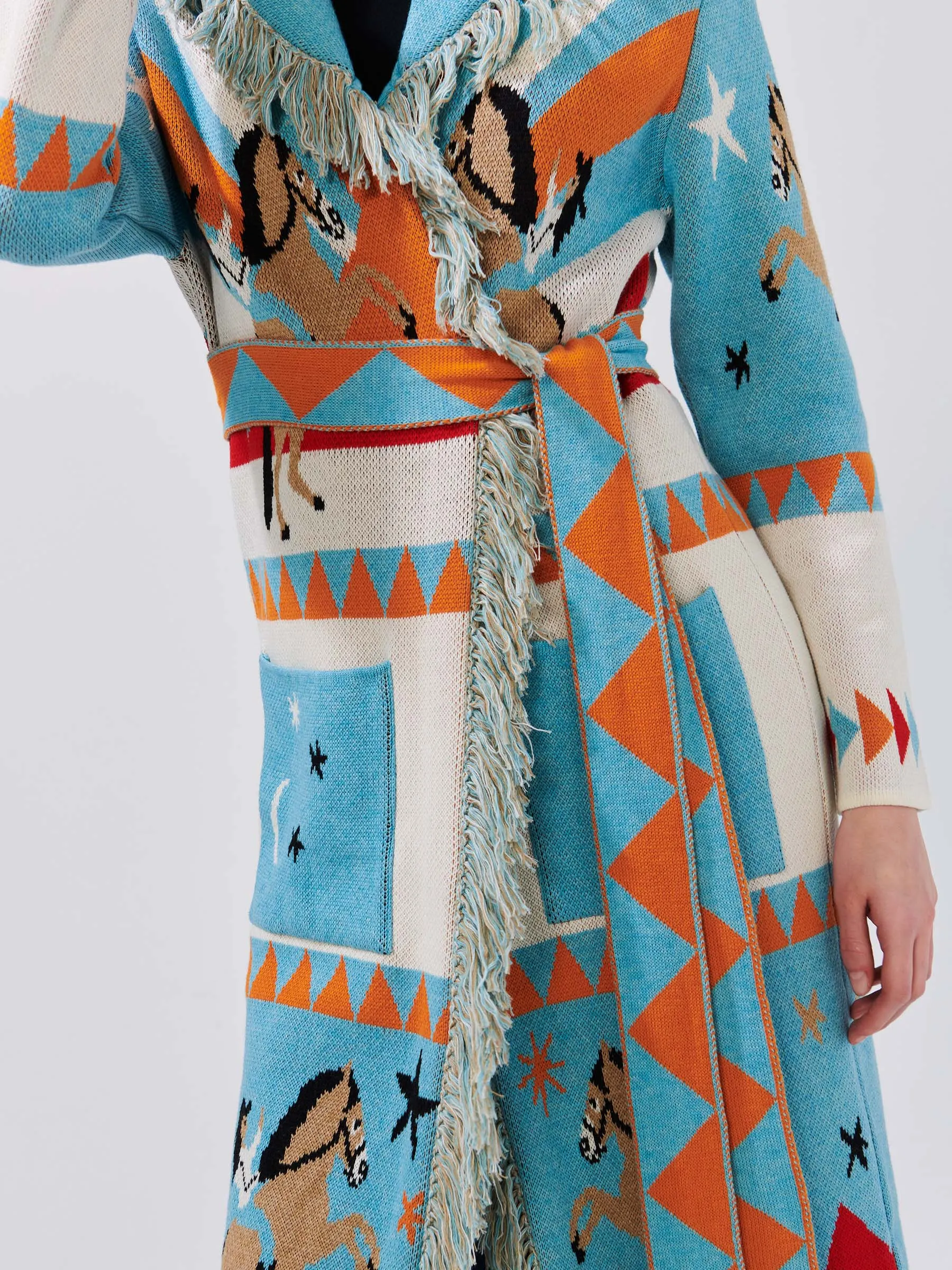 Sunrise Rodeo Merino Jacquard Long Cardigan Turquoise/White