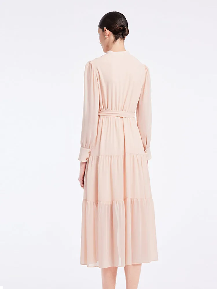 V-Neck Chiffon Ruffled Midi Dress