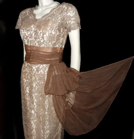 *VINTAGE ANNETTE GOWNS SPARKLING SILVER & MOCHA LACE ILLUSION COCKTAIL DRESS WITH FLOWING DRAPE & METAL ZIPPER