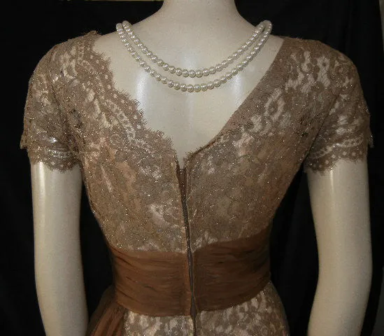 *VINTAGE ANNETTE GOWNS SPARKLING SILVER & MOCHA LACE ILLUSION COCKTAIL DRESS WITH FLOWING DRAPE & METAL ZIPPER