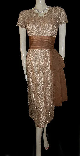 *VINTAGE ANNETTE GOWNS SPARKLING SILVER & MOCHA LACE ILLUSION COCKTAIL DRESS WITH FLOWING DRAPE & METAL ZIPPER