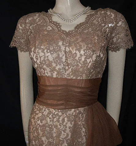 *VINTAGE ANNETTE GOWNS SPARKLING SILVER & MOCHA LACE ILLUSION COCKTAIL DRESS WITH FLOWING DRAPE & METAL ZIPPER