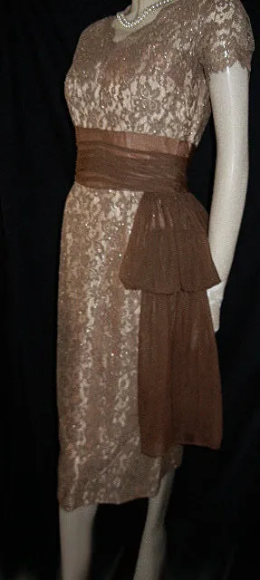 *VINTAGE ANNETTE GOWNS SPARKLING SILVER & MOCHA LACE ILLUSION COCKTAIL DRESS WITH FLOWING DRAPE & METAL ZIPPER