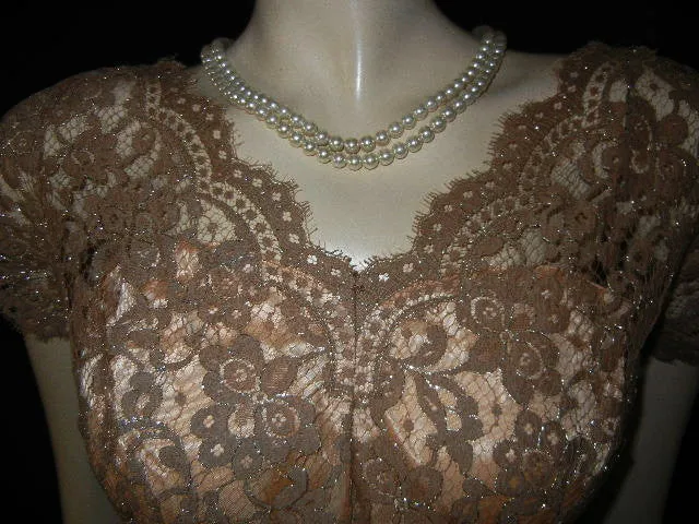 *VINTAGE ANNETTE GOWNS SPARKLING SILVER & MOCHA LACE ILLUSION COCKTAIL DRESS WITH FLOWING DRAPE & METAL ZIPPER