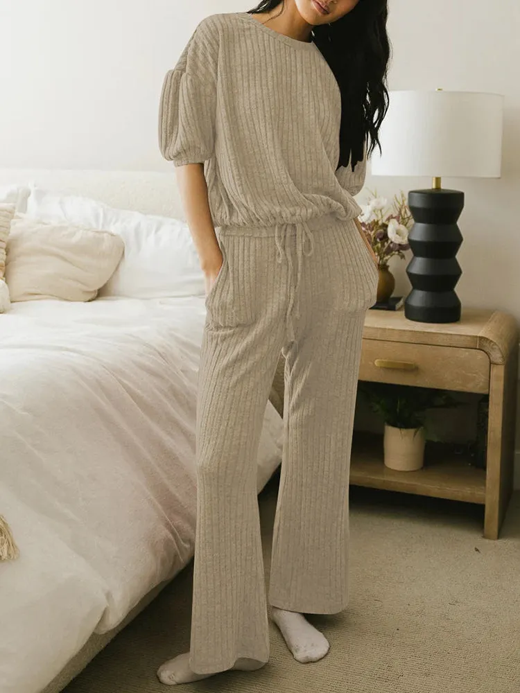 Womens 2 Piece Outfits Lounge Sets Short Sleeve Pullover Tops Elastic Wide Leg Pants Set Sweatsuits Tracksuit