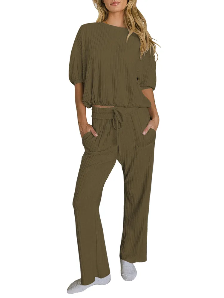 Womens 2 Piece Outfits Lounge Sets Short Sleeve Pullover Tops Elastic Wide Leg Pants Set Sweatsuits Tracksuit