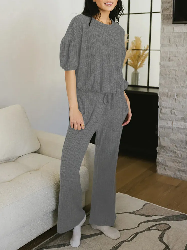 Womens 2 Piece Outfits Lounge Sets Short Sleeve Pullover Tops Elastic Wide Leg Pants Set Sweatsuits Tracksuit